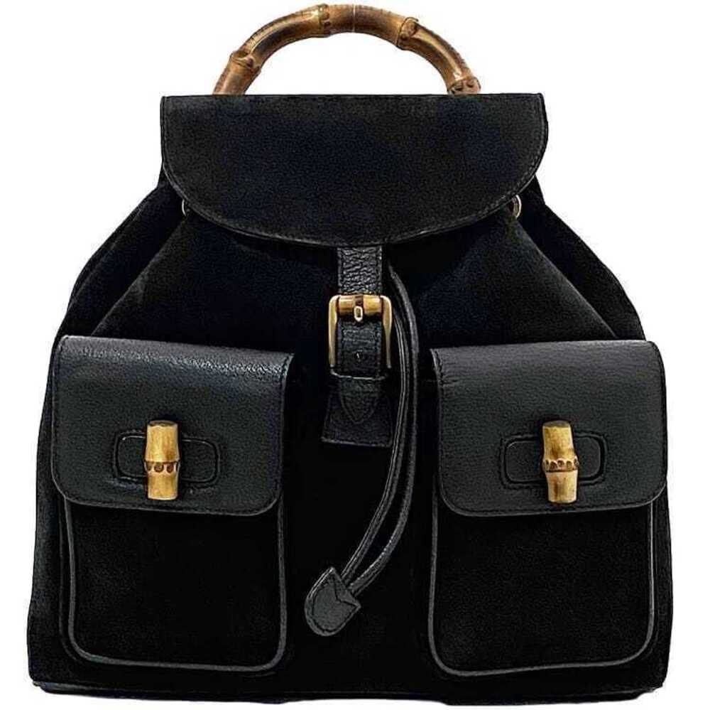 Gucci Backpack Black Bamboo Suede Leather Drawstring Flap